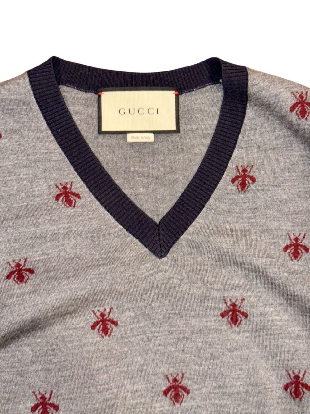 Gucci Gray Bee Embroidered V-Neck Wool Sweater, Small - Picture 3 of 5